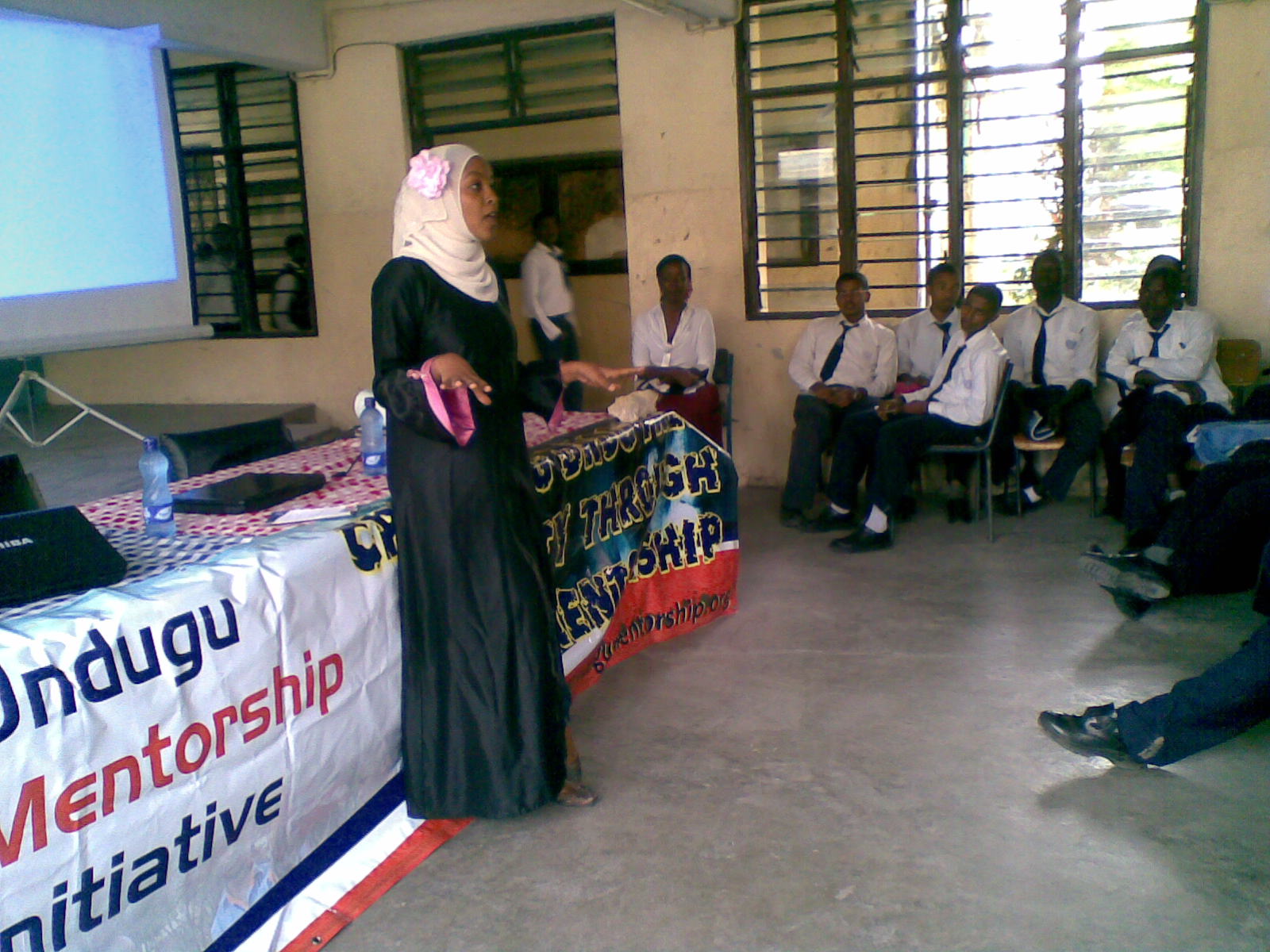 Ilham Ali speaking to students at Tudor Boys Secondary School, Mombasa, Kenya